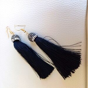 Black Tassels Earrings With Crystal Beads